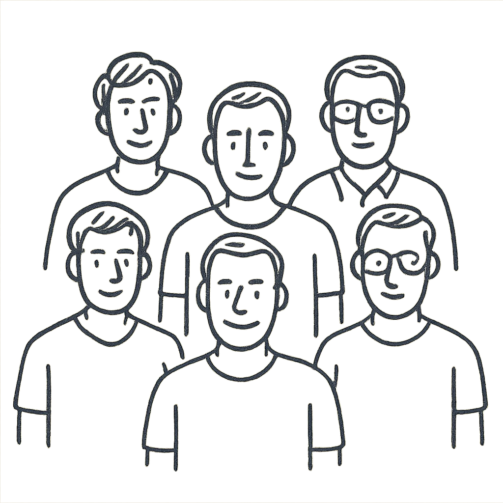 group of 6 men, white skin tone, white shirts, hand-drawn style emoji