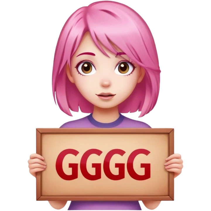 girl with pink hair, big sign saying "GG" emoji
