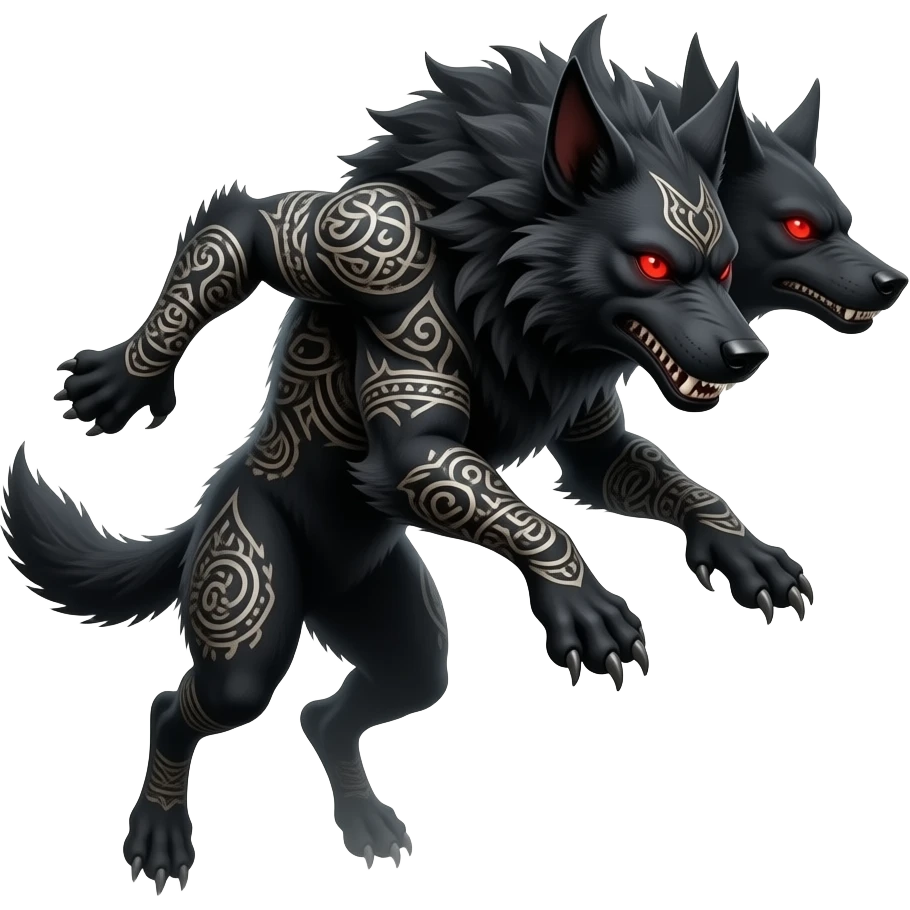 cinematic - cerberus, a three-headed creepy black hellhound in a jump, in smoke, tattooed emoji