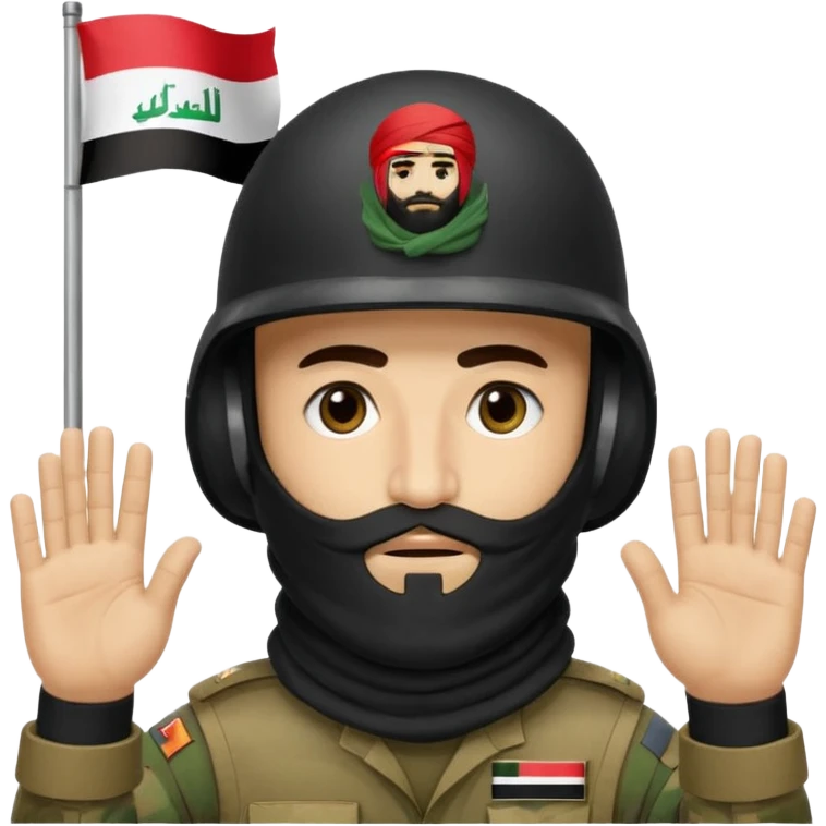 surrenders, depicts an Iraqi soldier from 1980, with a beard, in a helmet, a helmet with sign flag Iraq, with a balaclava, with sad eyes and both hands raised up emoji