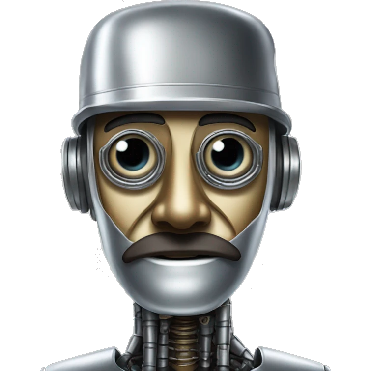 a portrait of a robot that tries to disguise as a human. He's in metal but has fake nose and mustache, and a cap with written on it "100% human" emoji