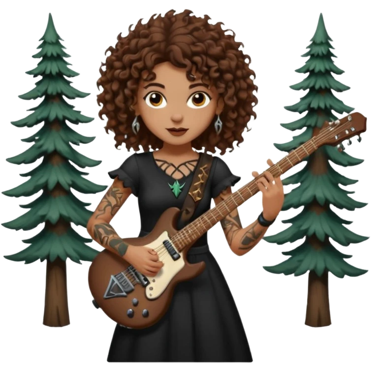 Brown eyes, brown hair curly forest witch playing electric guitar sexual with tattoos...white ethnicity  emoji