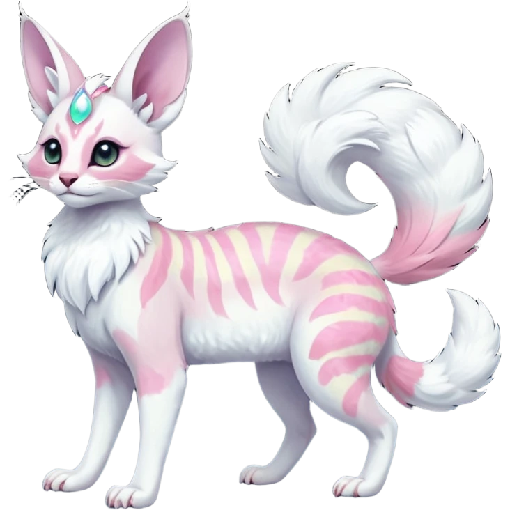 Colorful tropical pearly-albino-white iridescent glorious divine exotic cute cool beautiful shiny beautiful fantasy-Sylveon-caracal-civet-genet-sergal-vernid-Cacomistle-oncilla-animal-Fakémon-hybrid-fursona with tufted ears (full body) emoji
