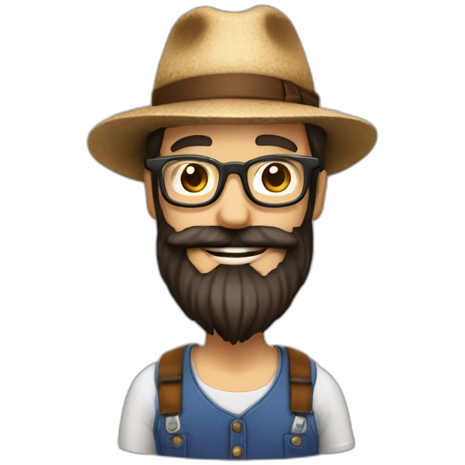 happy smile gardener face long dark beard and bald dark hair round glasses brown eyes and a hat emoji