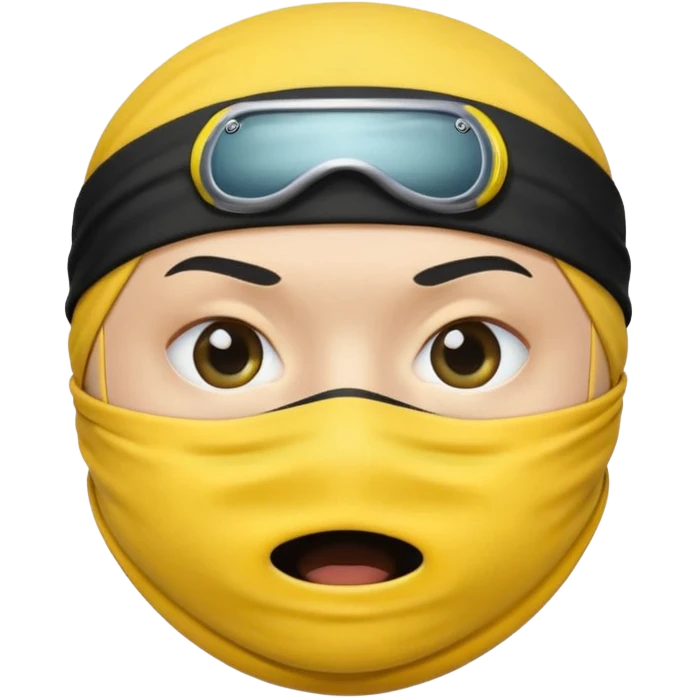 ninja face emoji, yellow color, black headband, black mask covering mouth, simple style, big round eyes, mouth fully hidden, no cup shape emoji