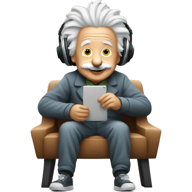 albert einstein happy listening music with wireless headphones while sitting on the chair emoji