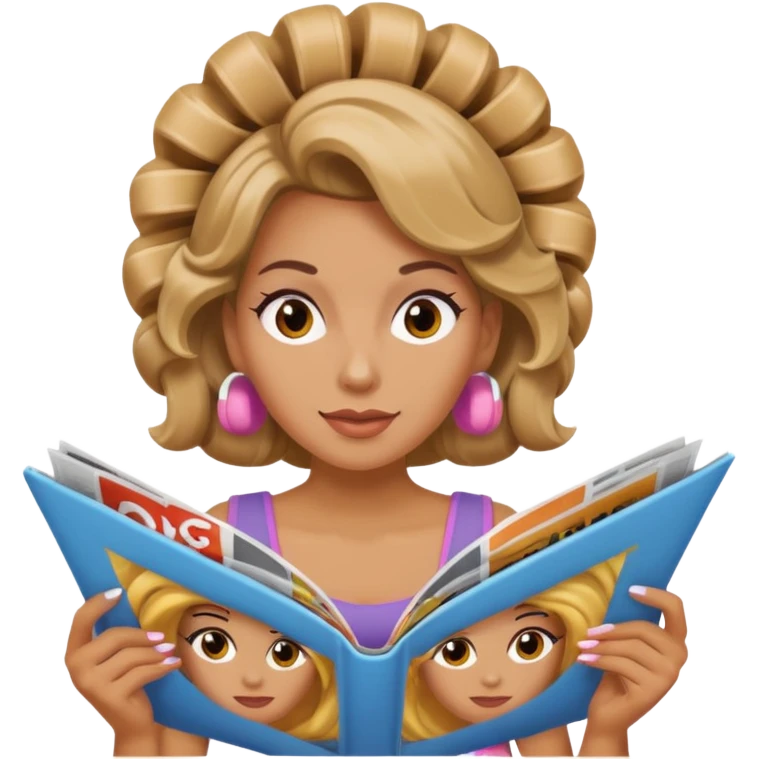 mujer en la peluquería con rulos en la cabeza y leyendo una revista emoji