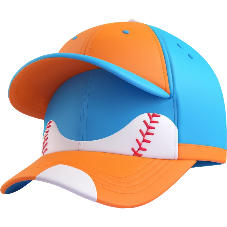 A baseball cap in a playful 3D cartoon style on a white background, 3D rendering, high resolution, bright colors, with a perspective composition, high saturation, prominent details, a floating effect, and a lively atmosphere, bottom view. emoji