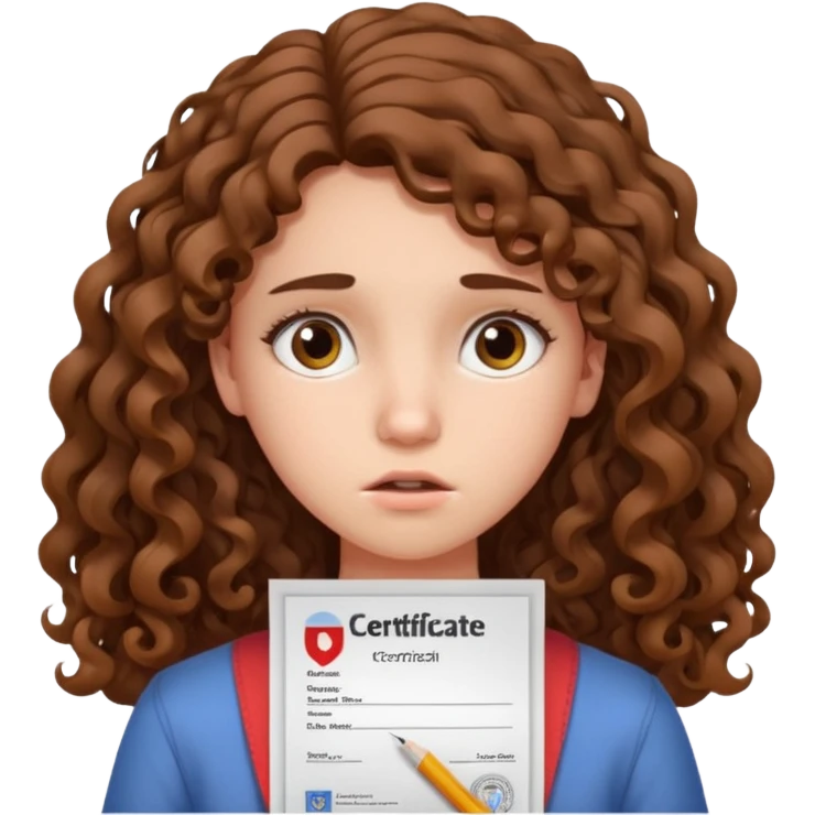 A girl with long curly brown hair shows an IELTS certificate with low score dissapointed emoji
