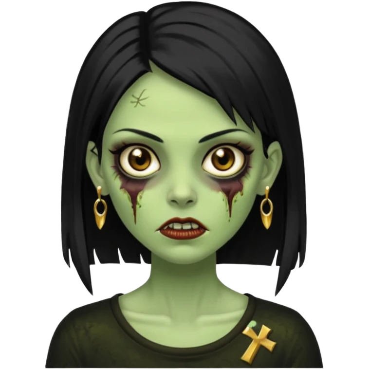 Faça uma zombie mulher bonita verde com olhos castanhos cabelos pretos liso com estilo y2k e ouro emoji