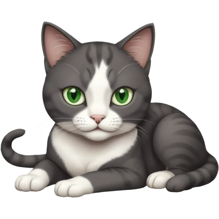 beautiful female solid dark grey cat with green eyes, white toes/paws and white patch on her chest lying down emoji
