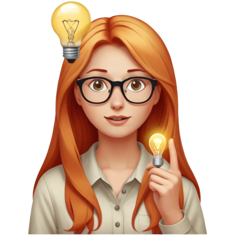 intelligent and clever, 30 year old, girl, long red and almost blond hair, glasses, has an brillant idea, light bulb next the her head in the air, casual cloth  emoji
