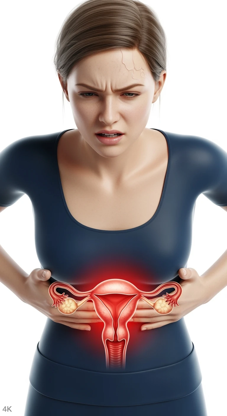 donna con utero umano realistico in evidenza dolorante, espressione di dolore in volto, sfondo bianco, iperrealistica 4k emoji