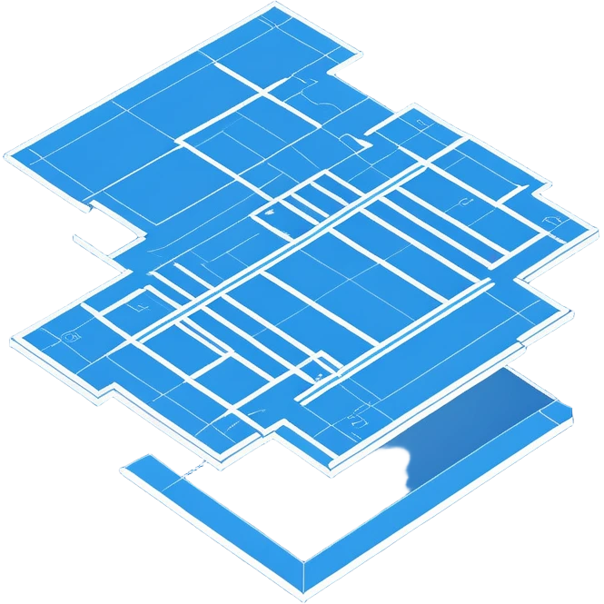 blue blueprint plan with white lines, isometric angle showing both side and top emoji