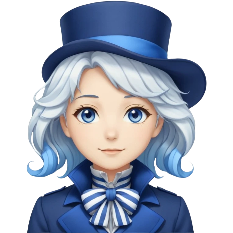 Beautiful gorgeous anime lady with white wavy hair with thin blue stripes, blue eyes, blue short top hat, smug grin, blue coat, blue cravat, white gloves emoji