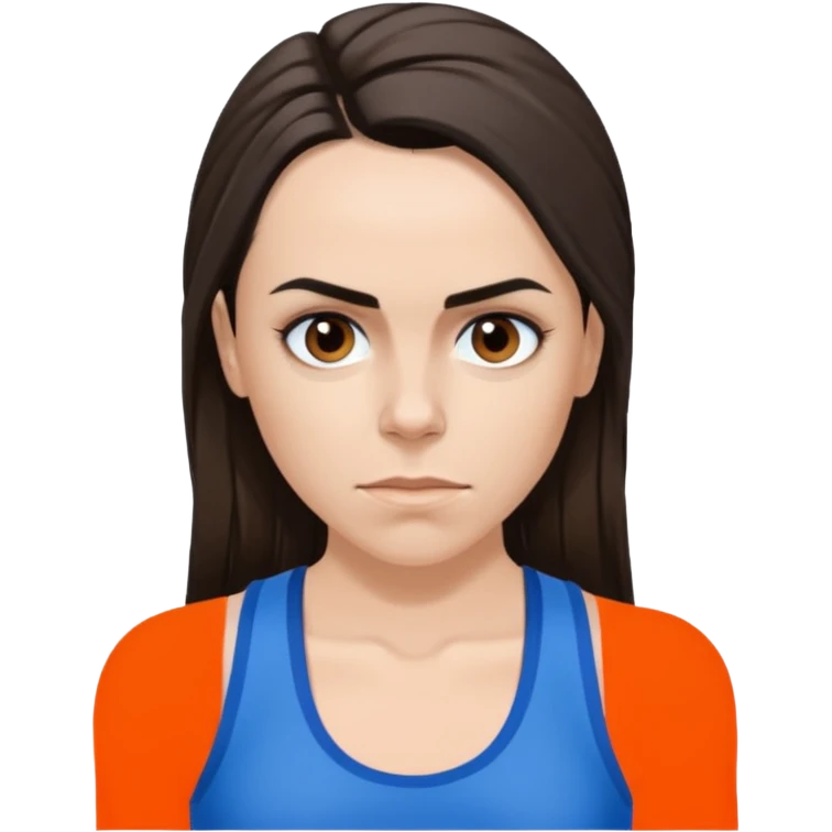 Melanie C with hazel eyes, dark brown long ponytail hair, blue tank top emoji