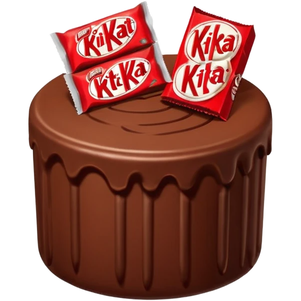 Bolo de chocolate cilíndrico, com fatias de morango em cima e a parede do bolo ao redor de kitkat emoji
