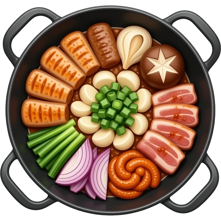 korean grilled gopchang platter, assorted intestines and pork belly, garlic, mushrooms, onions, chives, sizzling on a black pan, top view, realistic food photography emoji