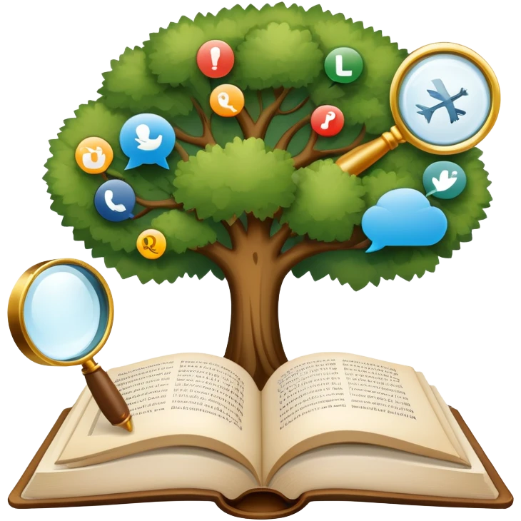 An icon featuring an open book, a speech bubble, and a linguistic tree, symbolizing philology and linguistics. The design includes alphabets, language symbols, and a magnifying glass, representing the study of language, structure, and meaning. Transparent background emoji