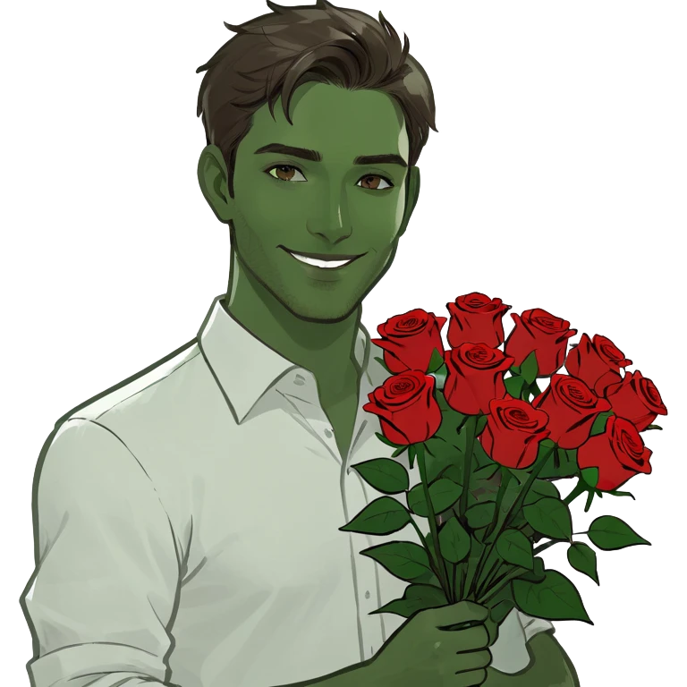 male memoji, handsome man in white shirt, holding a big bouquet of red roses, gentle smile, soft romantic eyes emoji