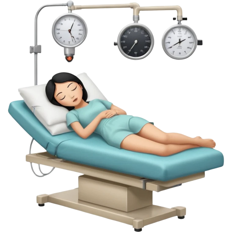 A female patient with black hair lying on an examination bed, head on a pillow and eyes closed, shown in a wide, full-body view in a clean colonoscopy procedure room. No medical staff visible. emoji