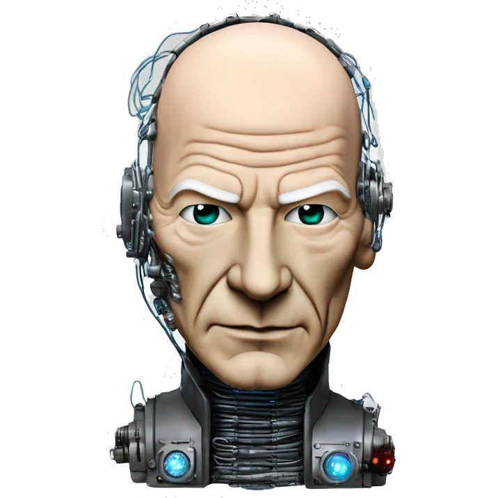 Jean luc picard from Star Trek assimilated by the Borg, with mechanical metal covering the left side of his face, with wires and a red light on the left side. His eyes are blue emoji