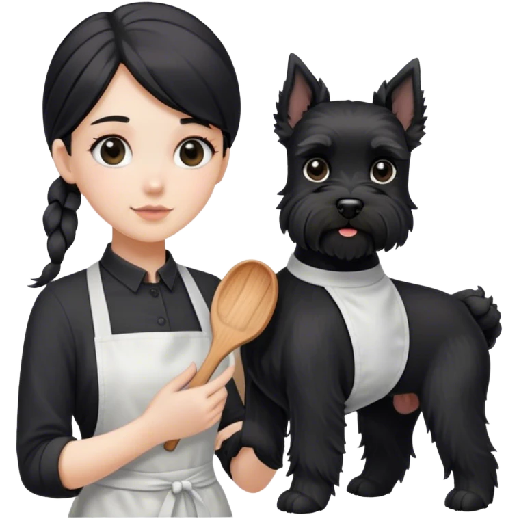 pale girl with long back hair wearing black long shirt wearing apron holding black  schnauzer emoji