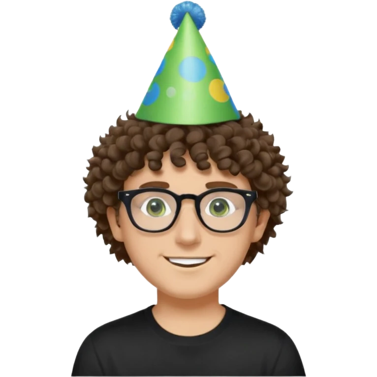 A white guy with curly brown hair and green eyes with a happy face, and wear square black glasses.He’s also got a full silver birthday party hat on his head with blue pom poms on top of it, and his T-shirt is all black, he wears a little gold circle earrings on his left  emoji