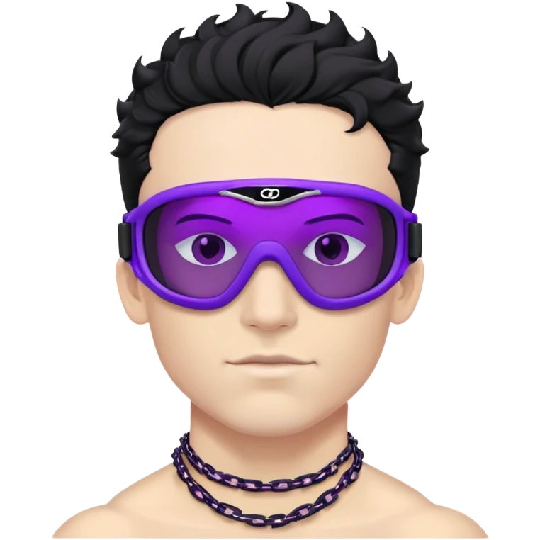 shirtless male athlete with white skin and moderately curly black hair on top with shaved sides, wearing ski goggles with purple frames/outline and very dark heavily tinted black lenses that completely hide the eyes, and a simple plain black chain necklace, no earrings emoji