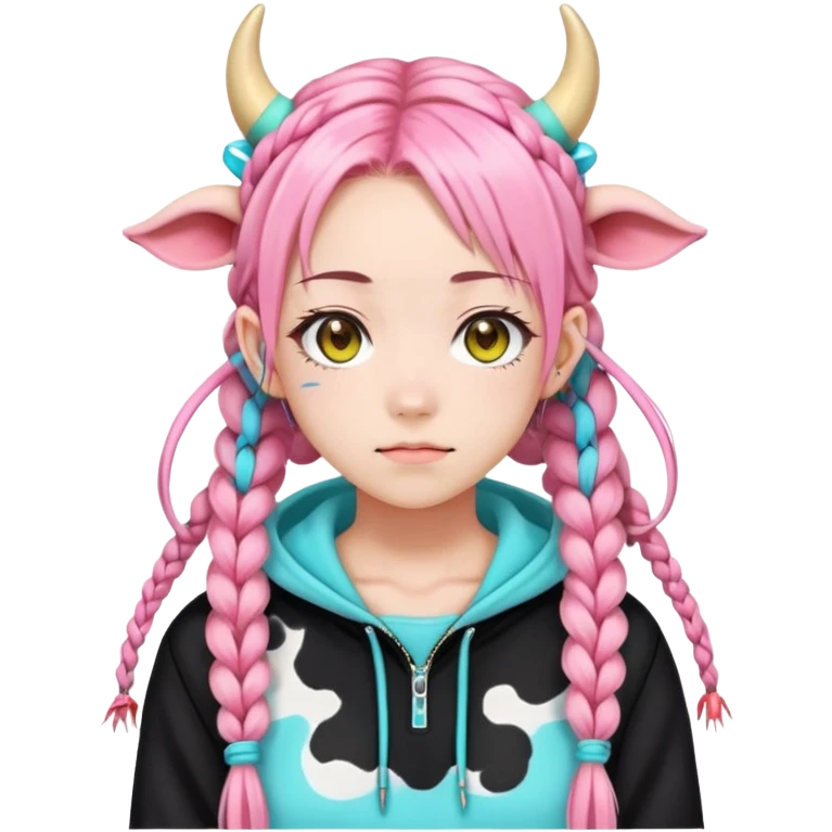 En anime-jente med to rosa lange tykke fletter og cyan striper i håret, ku-horn og ku-ører, sort BH-topp over en gul cropped-fleece-blouse emoji