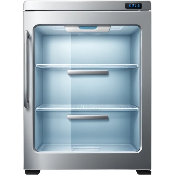 A refrigerator with a transparent front glass divided into three compartments, empty and unfilled. The refrigerator faces forward. It must be divided into three compartments and must have three drawers. emoji