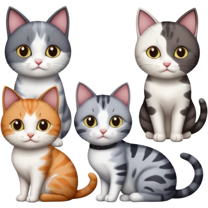 4 different coloured short haired cats including; a dark brown and white cat, and a dark grey and white  emoji