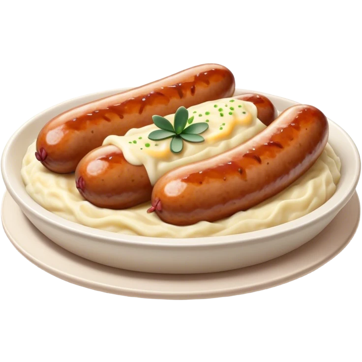 Cinematic Realistic Bangers and Mash Dish Emoji, featuring succulent pork sausages paired with creamy mashed potatoes rendered with detailed textures and natural highlights that emphasize its robust, hearty flavor. emoji