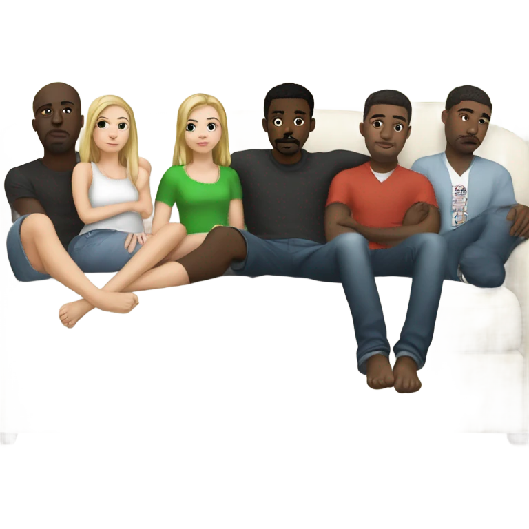 White girl on couch surrounded by her black male friends ￼ emoji