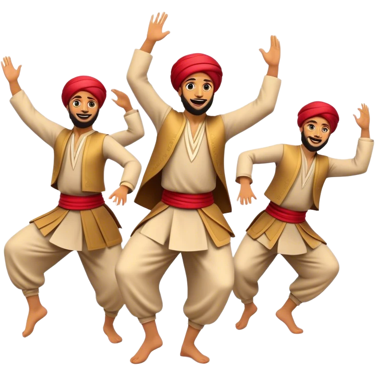 Cinematic Realistic Dabke Dance Emoji, depicted as an energetic traditional Lebanese folk dance with vibrant costumes and rhythmic movements, rendered with dynamic textures and festive natural lighting that captures its communal joy. emoji