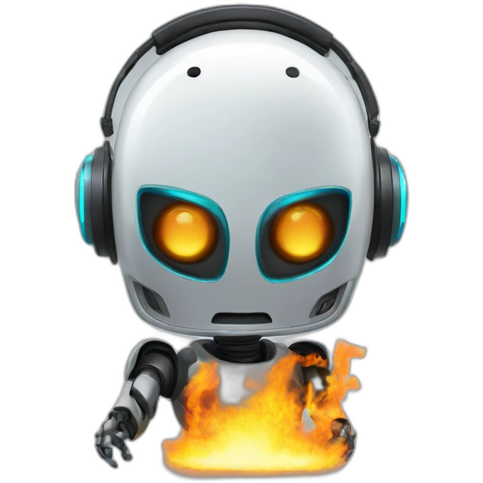 un robot avec les yeux en feu et un casque audio emoji