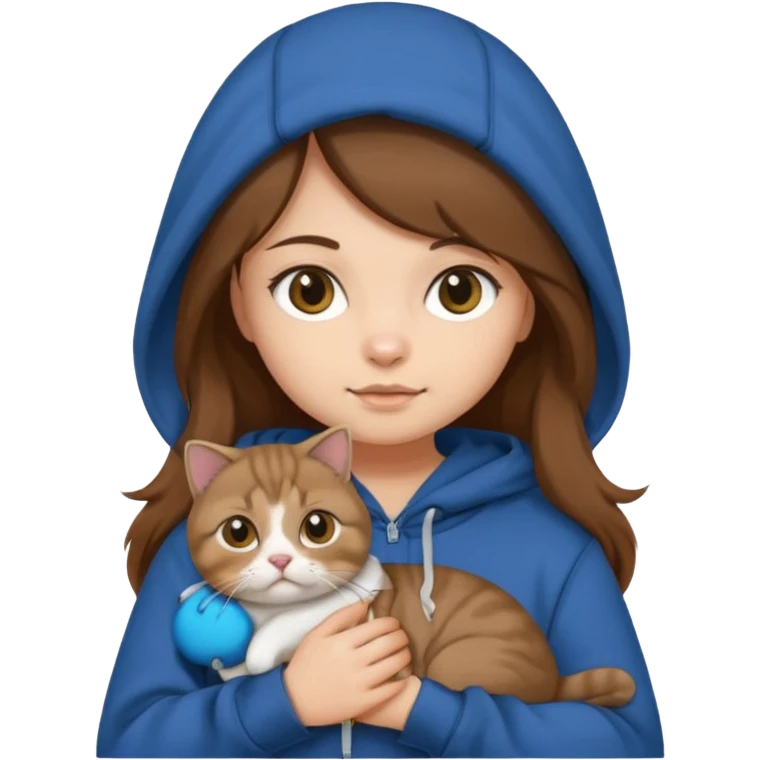 girl with long brown hair in a hoodie holding a Scottish Fold cat, emoji style emoji