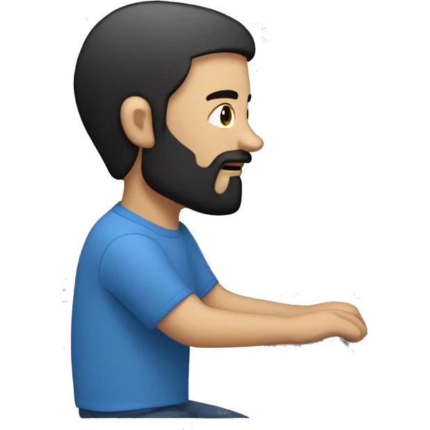 white guy with beard black hair up thin face typing in laptop wearing blue t-shirt emoji