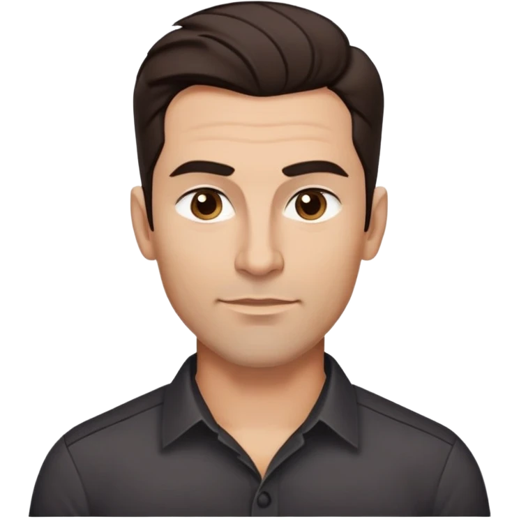 Youthful-looking athletic 40-year-old man with light brown skin, elongated face, defined jawline, attractive features, medium dark eyes, arched eyebrows, straight nose, confident expression, medium wavy dark hair with modern style, wearing a black buttoned-up shirt emoji