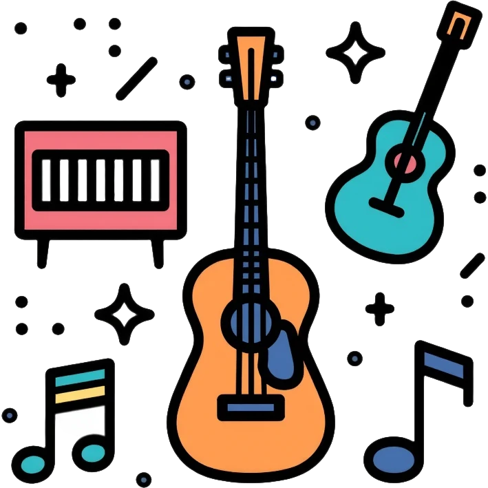 music icons with piano, guitar, and musical notes emoji