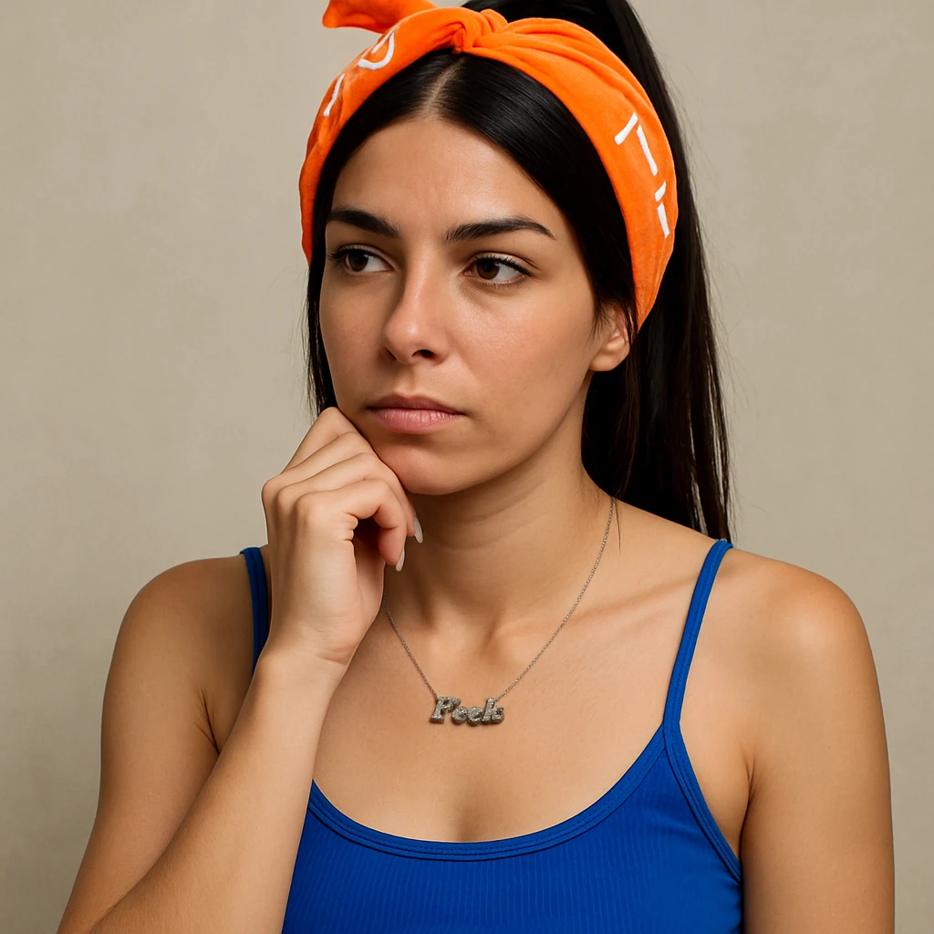 Create a hyperrealistic 4K image of a thoughtful woman, almost full figure, with her hand under her chin, inspired by the reference image. She has a reflective expression and a neutral background. This is variant 4 with a slightly changed face orientation. emoji