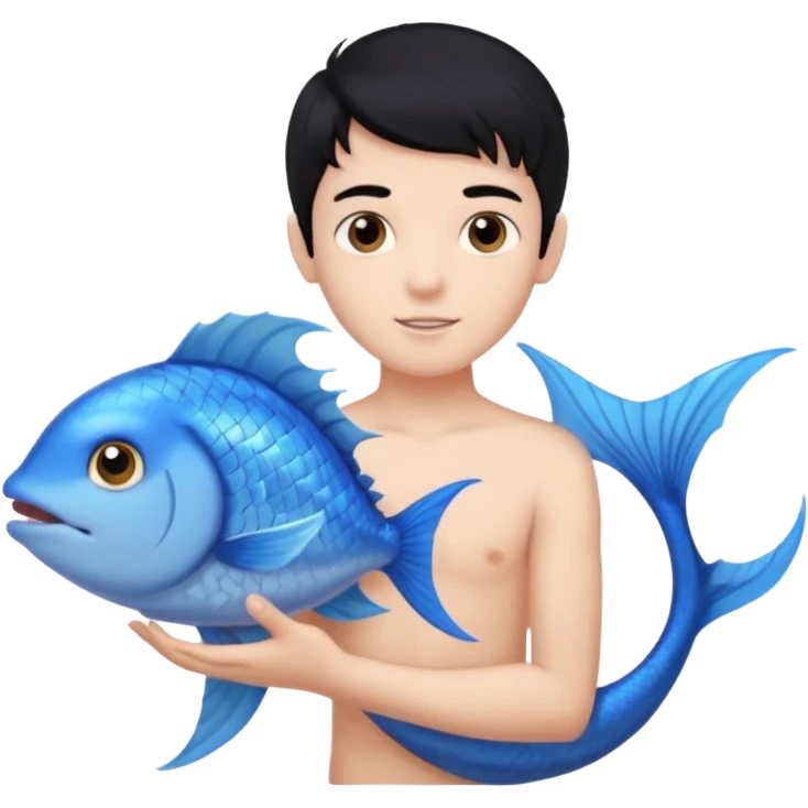 boy, black hair, brown eyes, white skin, Triton, with Triton in hand, blue Triton tail and blue triton fish ears emoji