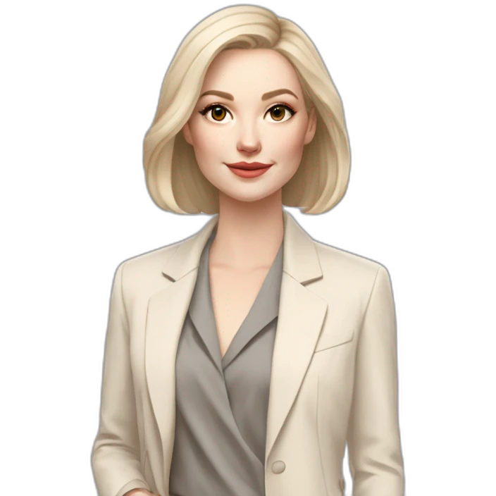 pale skin woman with ash blonde Straightened bob Hair, White Spacious classical jacket, beige palazzo Arrow pants and gray blouse holding a color palettes in the hands emoji