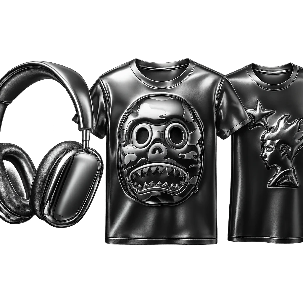 Transform the headphones, camo face t-shirt, and flame t-shirt into a highly reflective and shiny 3D chrome metallic style, keeping all preset colors and details intact, with no background. emoji