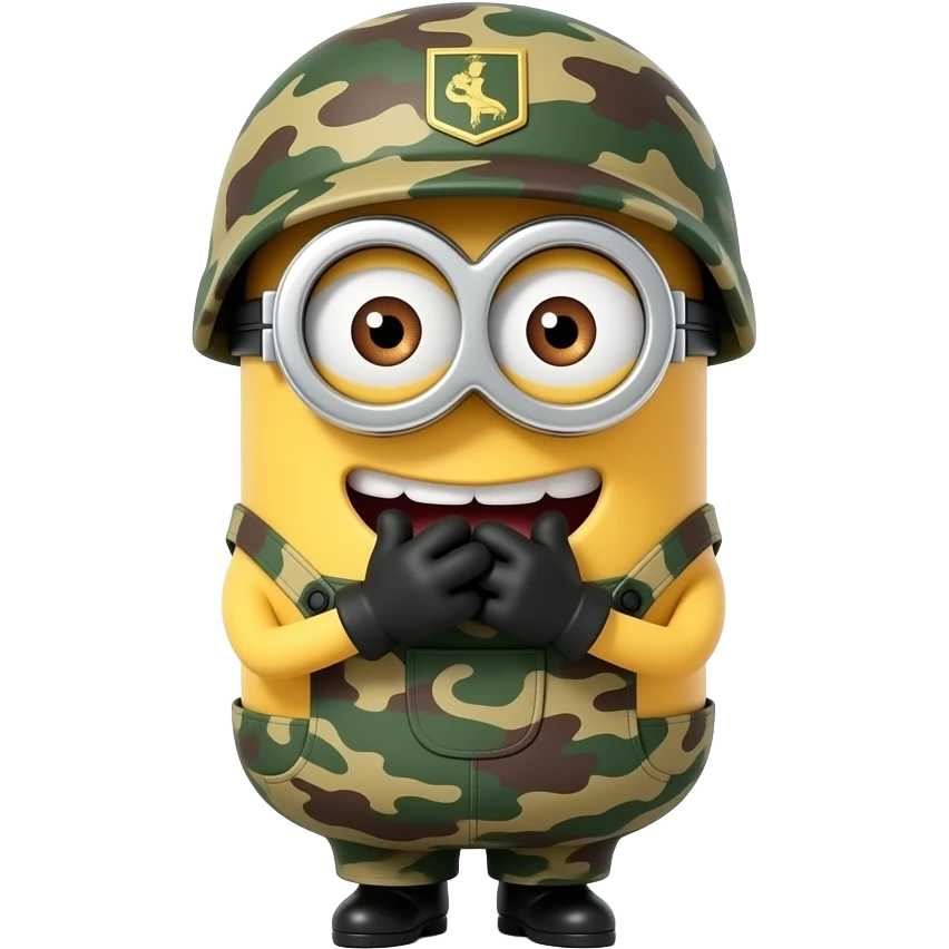 Minion in army uniform giggling with hands to mouth text above Khi Khi Khi emoji