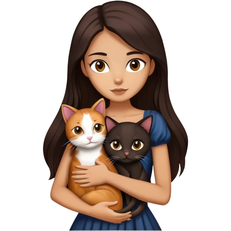 Beautiful skinny woman long dark brown hair in dark dress hug calico cat emoji
