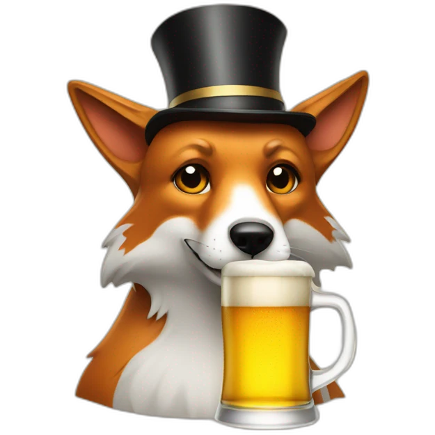 A dog like a fox drinking a beer with a high hat emoji