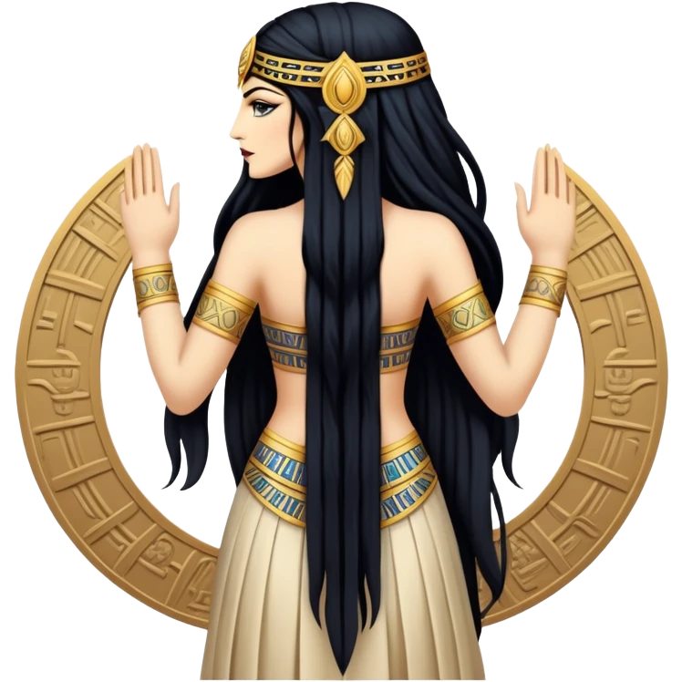 back view of Anunnaki goddess Inanna with long flowing black hair and Mesopotamian cuneiform symbols on her royal attire emoji