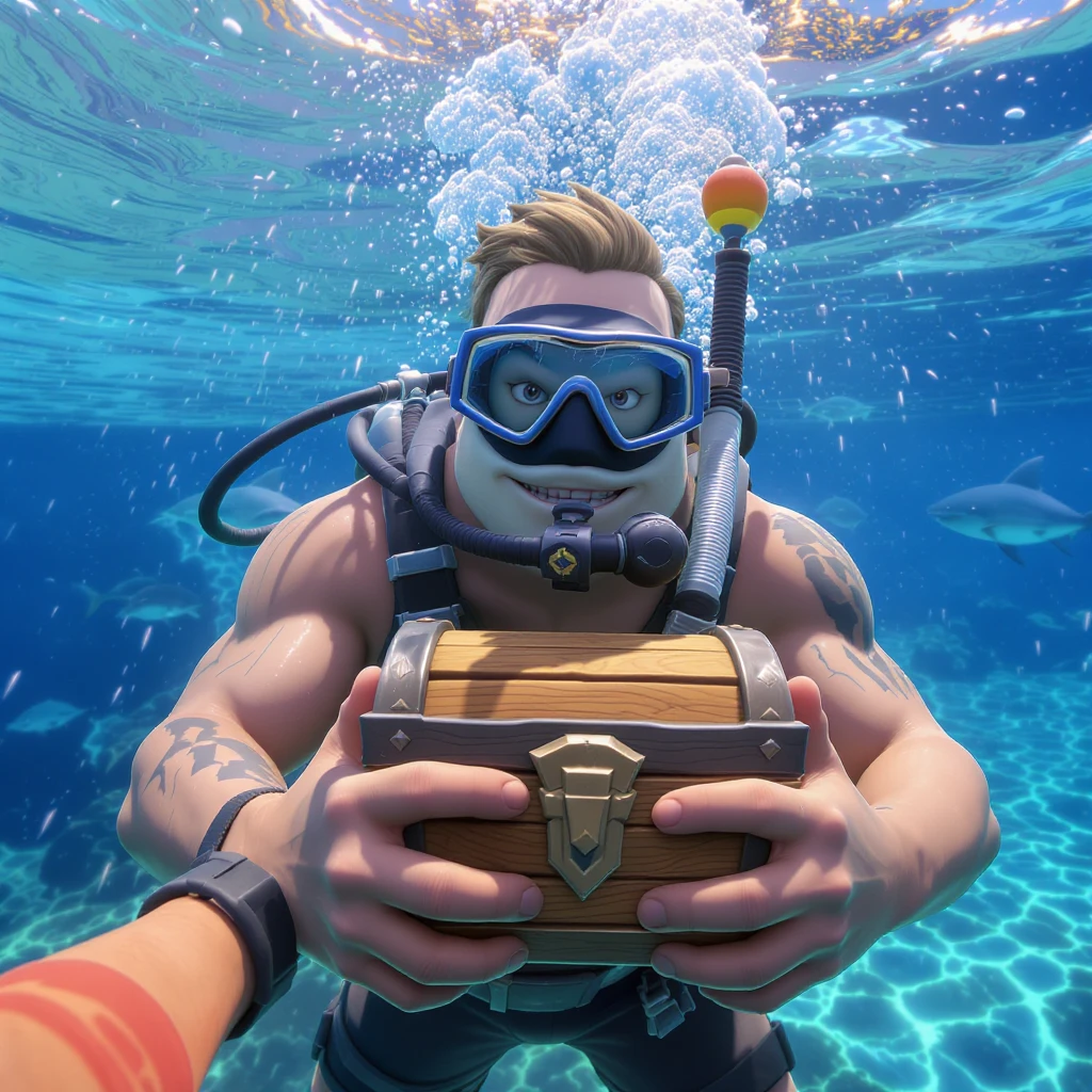 portrait, closeup, 3D, symmetrical, fortnite art style, diver holding chest underwater, happy shark swiming around him, blue crystal water, sunny day emoji