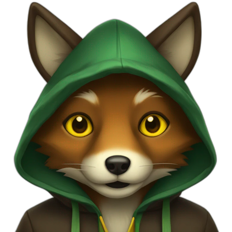 small dark brown fox with yellow eyes and a dark green hood emoji